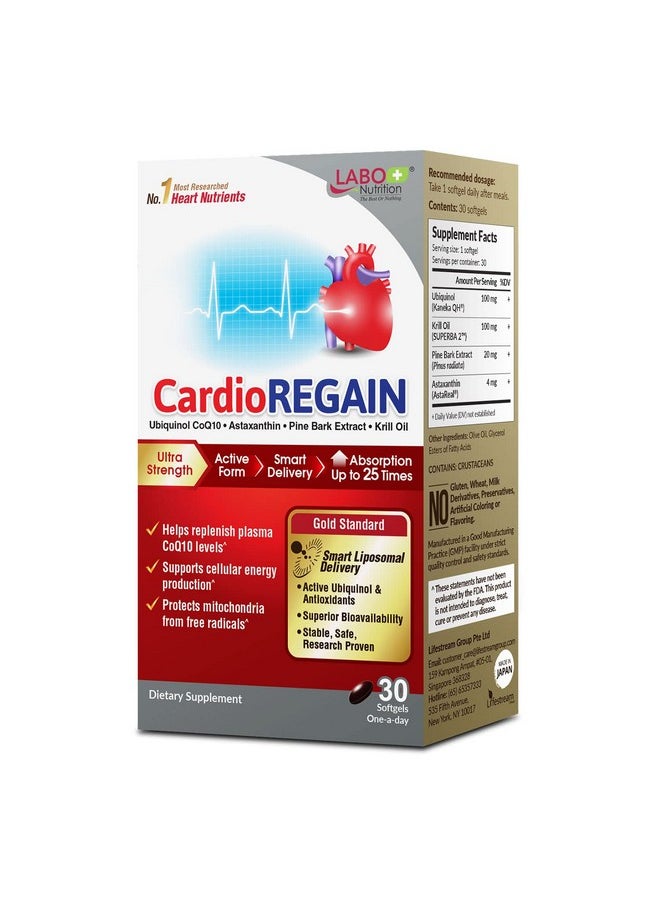 LABO Nutrition - LABO Nutrition CardioREGAIN, Ubiquinol CoQ10 with Kaneka QH 100mg, Pine Bark Extract, Astaxanthin, Heart Health & Cellular Energy. Up to 25x Higher Absorption with Smart Liposomal Delivery, Soy Free - Image 1