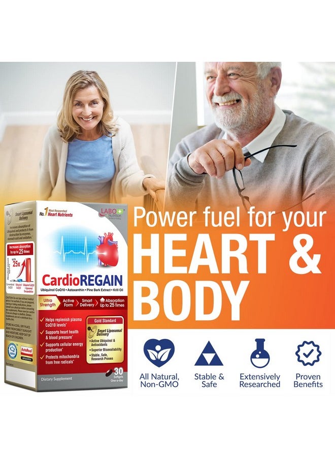 LABO Nutrition - LABO Nutrition CardioREGAIN, Ubiquinol CoQ10 with Kaneka QH 100mg, Pine Bark Extract, Astaxanthin, Heart Health & Cellular Energy. Up to 25x Higher Absorption with Smart Liposomal Delivery, Soy Free - Image 1