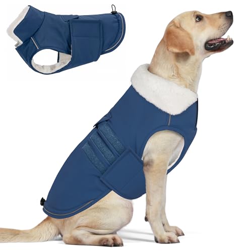 Mklhgty Extra Warm Dog Coat, Waterproof Dog Winter Jacket with Leash Portal, Fleece Reflective Pet Snow Vest for Small Medium Large Dogs - Blue - L - Image 1