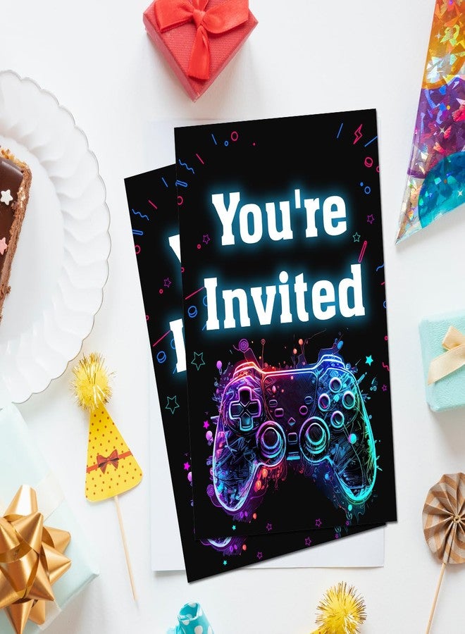 Soiceu Video Game Birthday Invitations Neon Glow Boy Gamer Game On Party Invites with Envelopes Set of 20 - Image 5