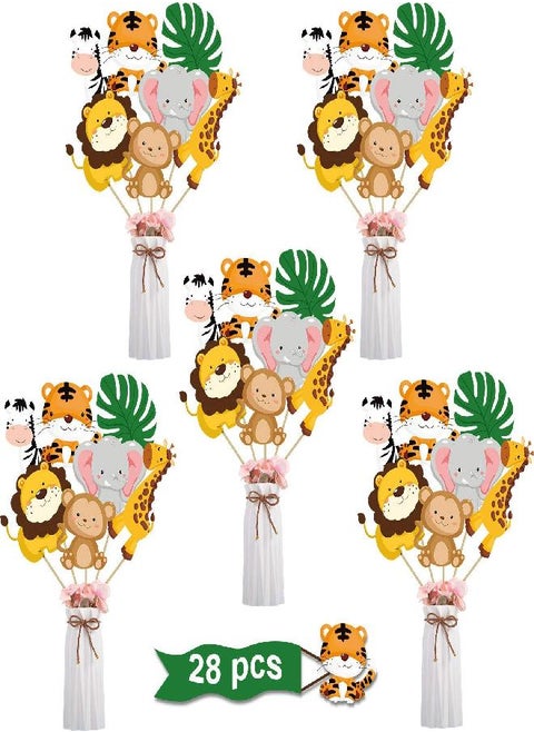 28 Pieces Jungle Animal Party Decorations - Jungle Animals Centerpiece Sticks Animals Cutouts for Baby Shower or Birthday Party Centerpiece Sticks - Table Toppers