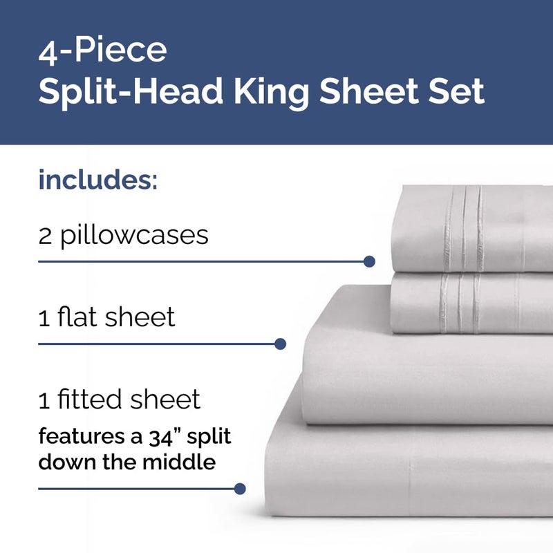 CGK Unlimited Flex Top Split Head King 4 Piece Sheet Set - Comfy Breathable & Cooling Bed Sheets Set - Hotel Luxury Bedding for Women, Men, Kids, Teens, Boys & Girls - Deep Pockets, Soft and Oeko-Tex - Light Grey - Image 2