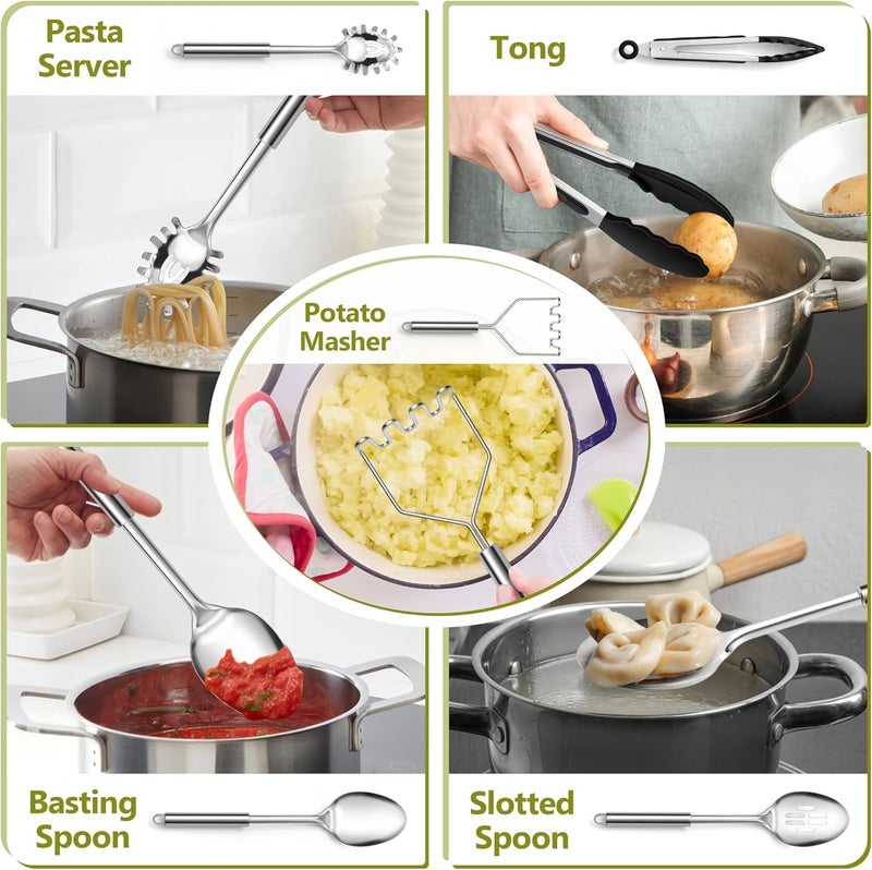 E-far Cooking Utensils Set, 10-Piece Stainless Steel Kitchen Utensils with Holder, Metal Heat Resistant Kitchen Cookware Tool Spatula Set for Cooking, Easy Clean & Dishwasher Safe - Image 4