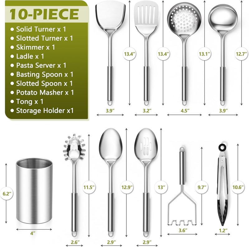 E-far Cooking Utensils Set, 10-Piece Stainless Steel Kitchen Utensils with Holder, Metal Heat Resistant Kitchen Cookware Tool Spatula Set for Cooking, Easy Clean & Dishwasher Safe - Image 2