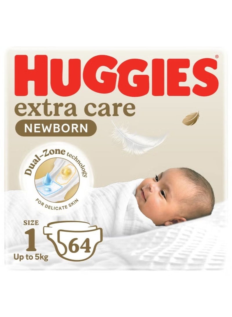HUGGIES Extra Care Newborn Diapers, Disposable Diapers Size 1 (Up to 5kg) Jumbo Pack of 64 Diapers - Image 5