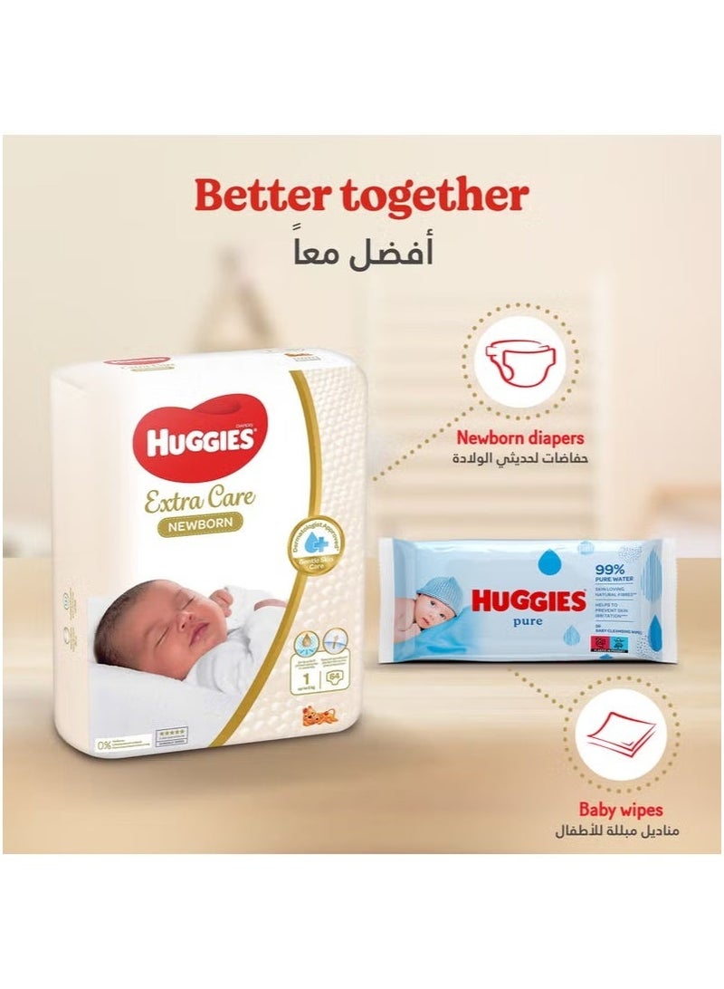 HUGGIES Extra Care Newborn Diapers, Disposable Diapers Size 1 (Up to 5kg) Jumbo Pack of 64 Diapers - Image 2