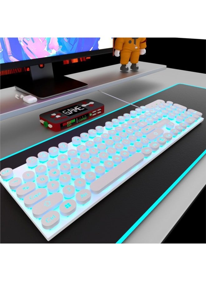 Keyboard Mouse Suit Mechanical Feel Girl's Office Game E-sports Computer Mute Cable Mouse Pad Two-piece Set-Color:Green Onion And White Characters Ice Blue Light