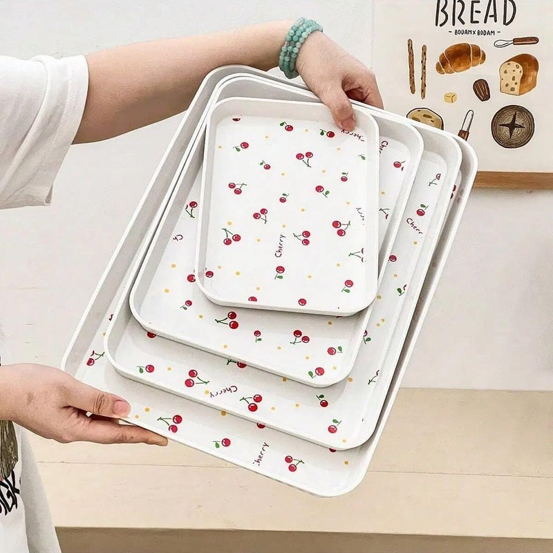 Rectangular Serving Tray Set, Cherry Pattern, Melamine Acrylic Material, 3-Piece Set, White with Red Cherry Design .nin