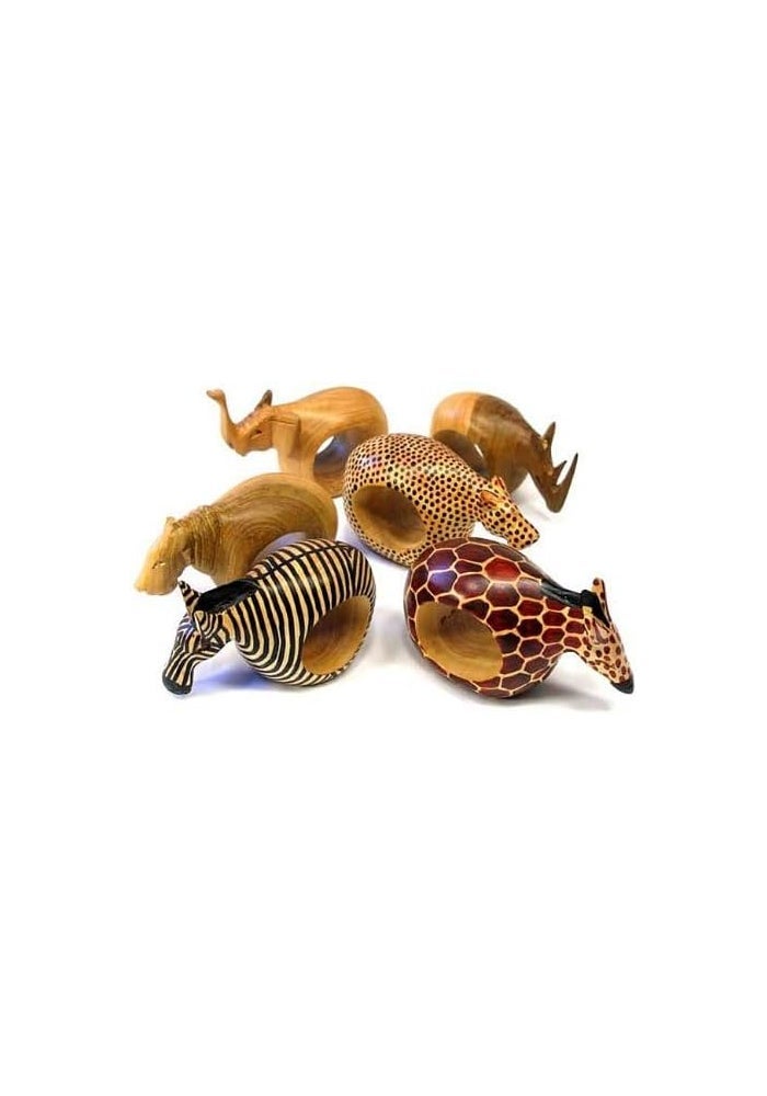 Global Crafts Hand-Carved Mahogany Wood Animal Napkin Rings - Set of Six - Image 3