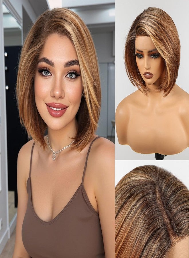 HAIRCUBE Chestnut Brown Synthetic Lace Front Wig, 10 Inch Layered Glueless Bob Wig, Natural Density Hairline Wigs for Women Daily Use - Image 1