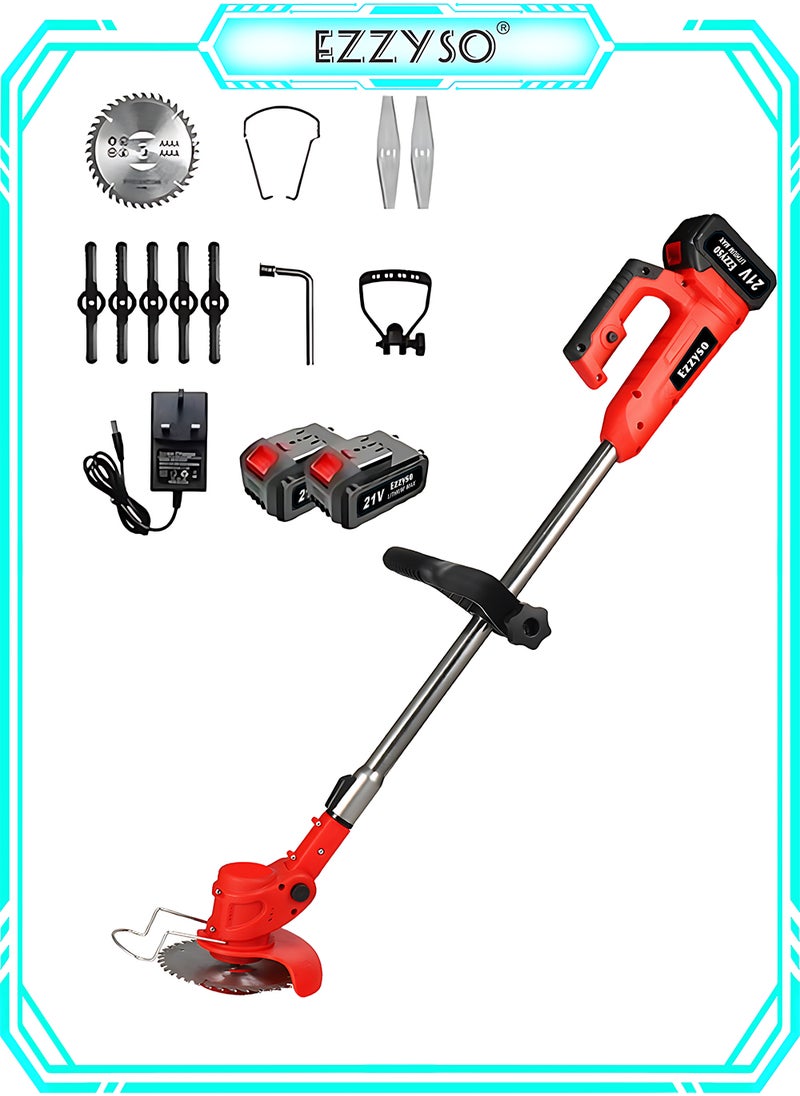EzzySo 21V Cordless Grass Trimmer with 2pcs Battery, Fast Charger and 3 Types Cutting Blade, Portable Electric Lawn Trimmer for Garden Yard Lawn Pruning and cut materials  - Image 1
