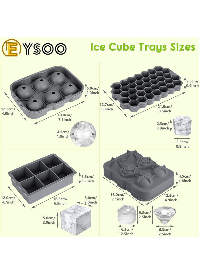 EYSOO EYSOO Ice Cube Trays Set of 4 Silicone Ice Trays with Lid Easy-release Ice Cube Molds for Freezer - Rose, Diamond, Sphere, Square and Hexagon Shapes BPA Free Silicone Ice Molds  - Image 2