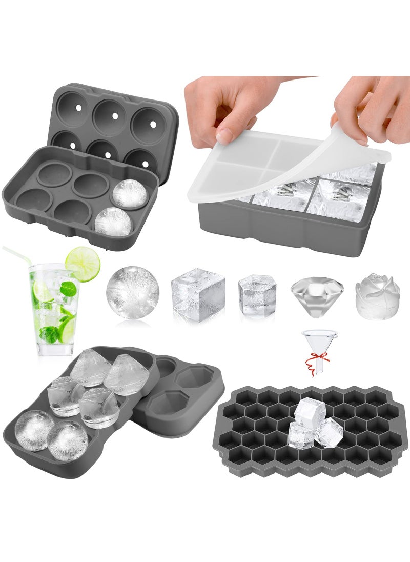 EYSOO EYSOO Ice Cube Trays Set of 4 Silicone Ice Trays with Lid Easy-release Ice Cube Molds for Freezer - Rose, Diamond, Sphere, Square and Hexagon Shapes BPA Free Silicone Ice Molds  - Image 1