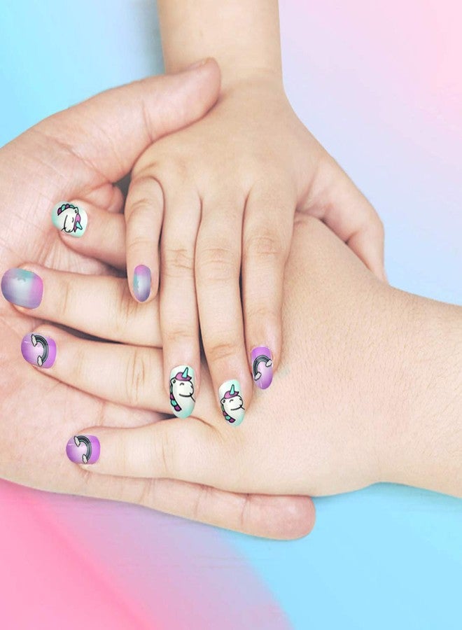 Allstarry 120pcs 5 pack Children Nails Press on Pre-glue Full Cover Glitter Gradient Color Rainbow Short False Nail Kits Lovely Gift for Children Little Girls Nail Art Decoration -Mermaid & Unicorn - Image 2