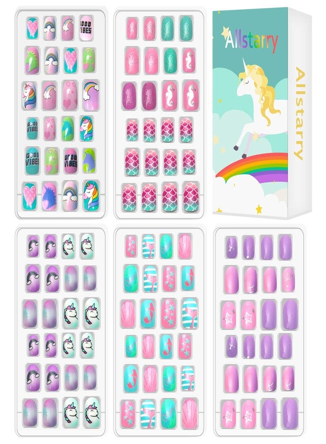 Allstarry 120pcs 5 pack Children Nails Press on Pre-glue Full Cover Glitter Gradient Color Rainbow Short False Nail Kits Lovely Gift for Children Little Girls Nail Art Decoration -Mermaid & Unicorn - Image 1