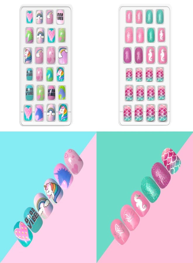 Allstarry 120pcs 5 pack Children Nails Press on Pre-glue Full Cover Glitter Gradient Color Rainbow Short False Nail Kits Lovely Gift for Children Little Girls Nail Art Decoration -Mermaid & Unicorn - Image 5