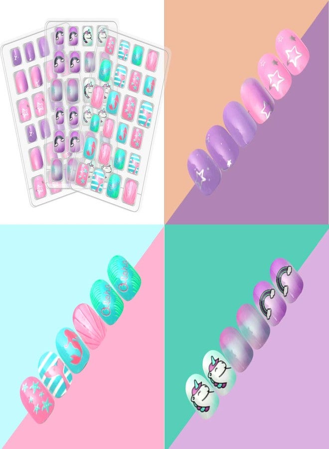 Allstarry 120pcs 5 pack Children Nails Press on Pre-glue Full Cover Glitter Gradient Color Rainbow Short False Nail Kits Lovely Gift for Children Little Girls Nail Art Decoration -Mermaid & Unicorn - Image 4