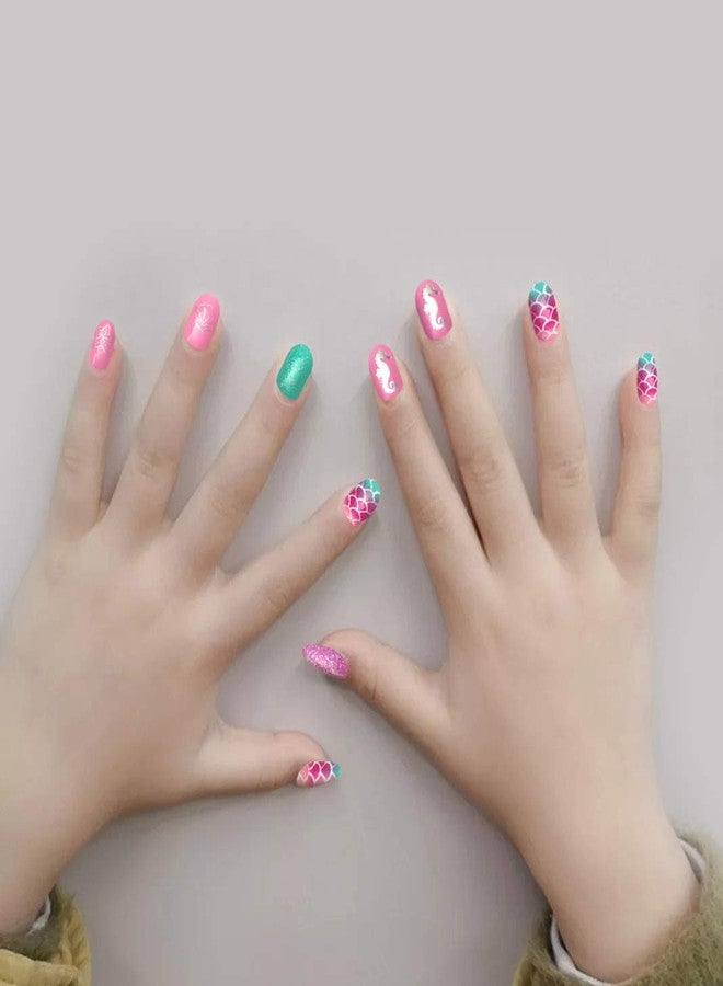 Allstarry 120pcs 5 pack Children Nails Press on Pre-glue Full Cover Glitter Gradient Color Rainbow Short False Nail Kits Lovely Gift for Children Little Girls Nail Art Decoration -Mermaid & Unicorn - Image 3