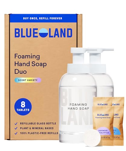 BLUELAND Hand Soap Duo 2 Refillable Glass Foaming Hand Soap Dispensers with 8 Refill Tablets Variety Scents 8 x 9 Fl oz - Image 1