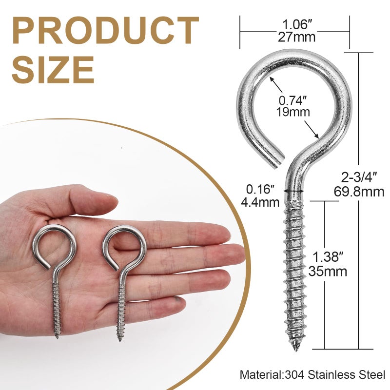 ACCZIO 10PCS 2.75 inches Screw Eyes M4 304 Stainless Steel Eye Screws, Heavy Duty Screw, Eye Hooks Screw Eye Bolts Eye Hooks Screw, Indoor & Outdoor Uses (10, M4-2.75inch) - Image 5
