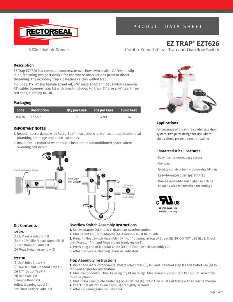 Rectorseal 83626 2 EZ Trap 626 Overflow Switch - Image 2