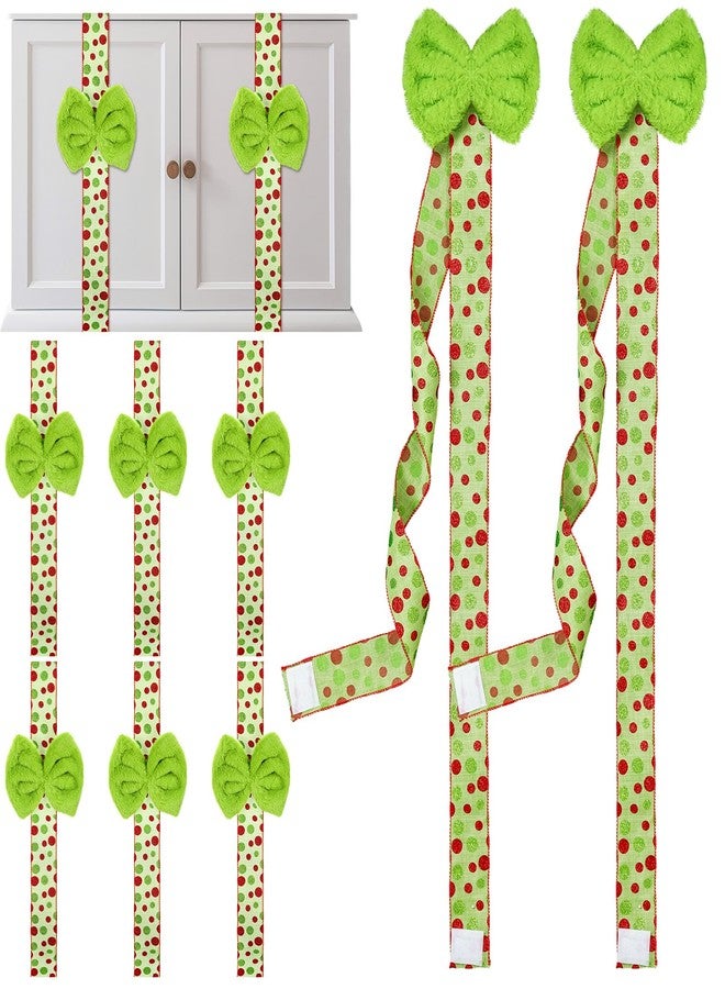 Canlierr 8 Set Christmas Cabinet Bows Green Furry Christmas Cabinet Ribbons Hanging Decoration Fur Xmas Door Bows for Home Kitchen Xmas Holiday Party Supplies - Image 1