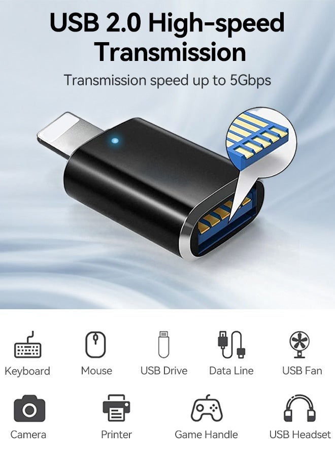 Tersely 2-Pack Lightning to USB 2.0 OTG Adapter with LED Indicator, Plug & Play for iPhone 17/16/15/14/13/12/SE, iPad Pro/Air/Mini - Supports Card Reader, USB Drive, Keyboard, Mouse, Hubs, MIDI - Image 2