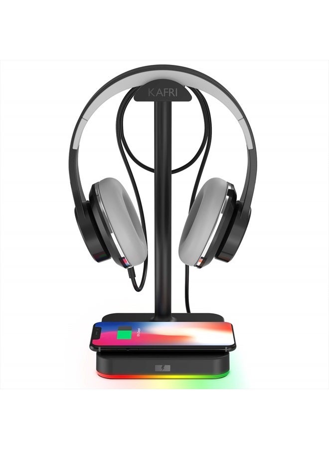 KAFRI RGB Headphone Stand with Wireless Charger Desk Gaming Headset Holder Hanger Rack with 10W/7.5W Fast Charge QI Wireless Charging Pad - Suitable for Gamer Desktop Table Game Earphone Accessories - Image 1