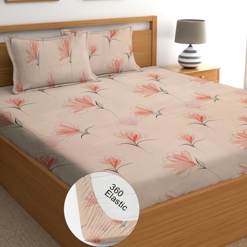 STARNSTYLE 100% Cotton Super Soft 240 Thread Count Elastic Fitted All Around Elastic Printed King Size Double Bed Bedsheet with 2 Pillow Cover 72" X 78" - Image 1