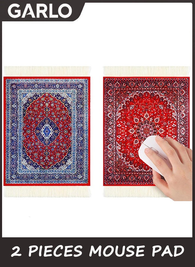 Garlo 2pcs Vintage Mini Carpet Mouse Pad and Oriental Coasters Funny Mousepad Floral Rug Style Desk Mat Coasters Gift for Christmas Bohemian Doll House Rug with Anti Slip Rubber Base for Desk