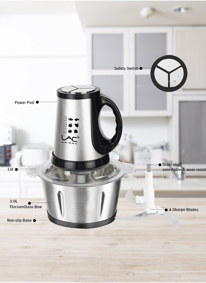 LAC - Electric Food Chopper, 3L Meat Grinder 3 Speeds Food Processor Stainless Steel  Food Processor Elegant Slicer With Integrated 4-Sharp Blades And Child Safety Lock - Image 1