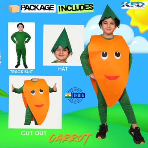 Kaku Fancy Dresses Polyester Carrot Vegetable Costume -Orange & Green, 5-6 Years, for Boys & Girls - Image 3