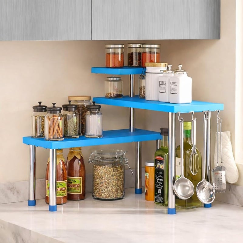 Copelle Rack for Kitchen Storage, Corner Shelf for Kitchen, Organizer Rack, 3 Tier Spice, Oil Stand, Tabletop Adjustable Rack for Makeup, Office(Blue) - Image 5