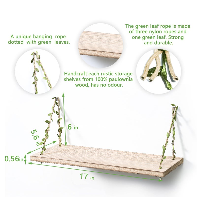 MITIME Leaf Rope Hanging Floating Shelves, Wall Swing Storage Shelf for Home Decor.17, 2-Pack (Light Color) - Image 4