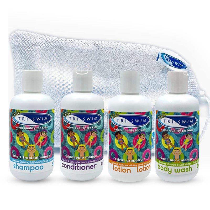 Triswim TRISWIM Kids After Swim Value Pack of 4 Travel Mesh Bag + Swim Care Chlorine Removal Body Wash + Swimming Lotion + Swim Shampoo and Conditioner 8.5 fl oz Keep your Little Swimmers Clean and Healthy