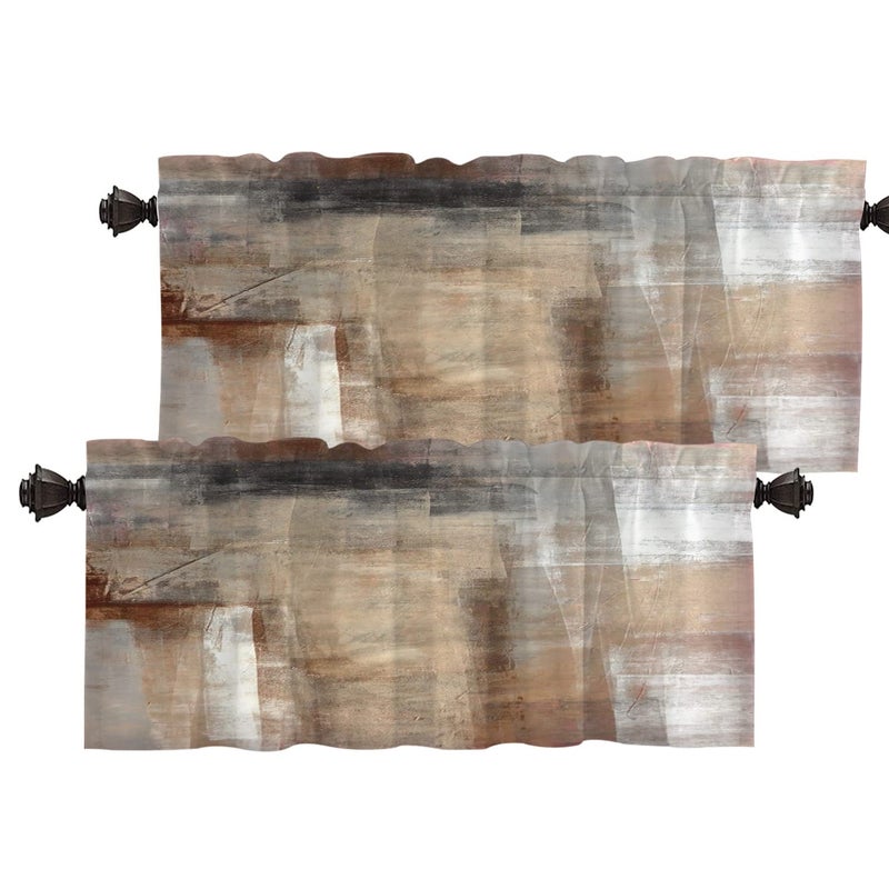 Batmerry Brown Abstract Art Valance Curtains Beige Painting Window Treatment Kitchen Valances Multilayer Polyester Blackout for Living RoomBathroom 2 Pack 52x16 inches