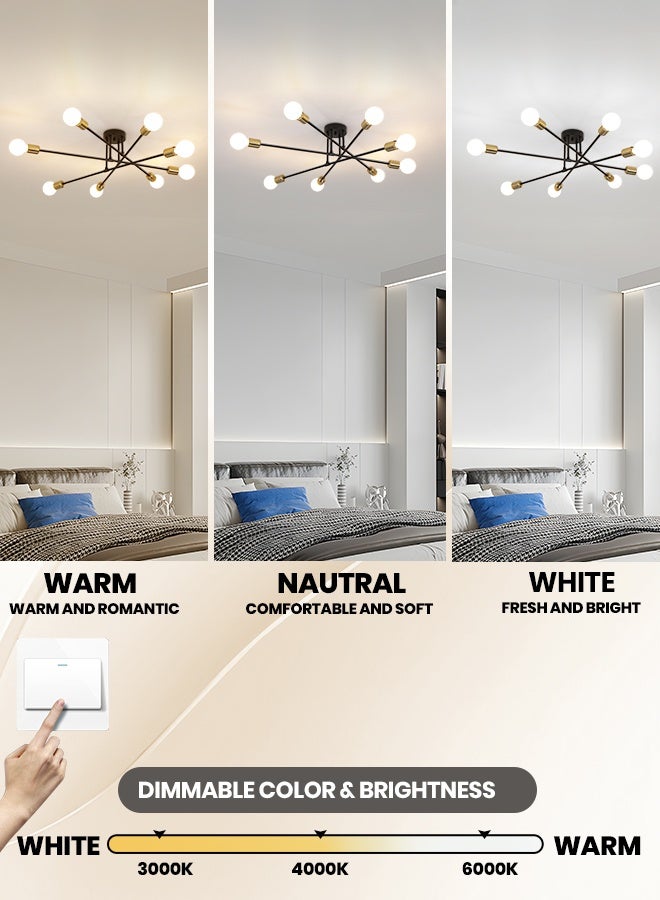 YATAI LIGHTING Modern Sputnik Ceiling Light, 95cm Black & Gold Semi-Flush Mount with Bulbs Included, 3-Color Dimming (3000K-6000K) for Bedroom, Dining Room & Living Room - Image 3