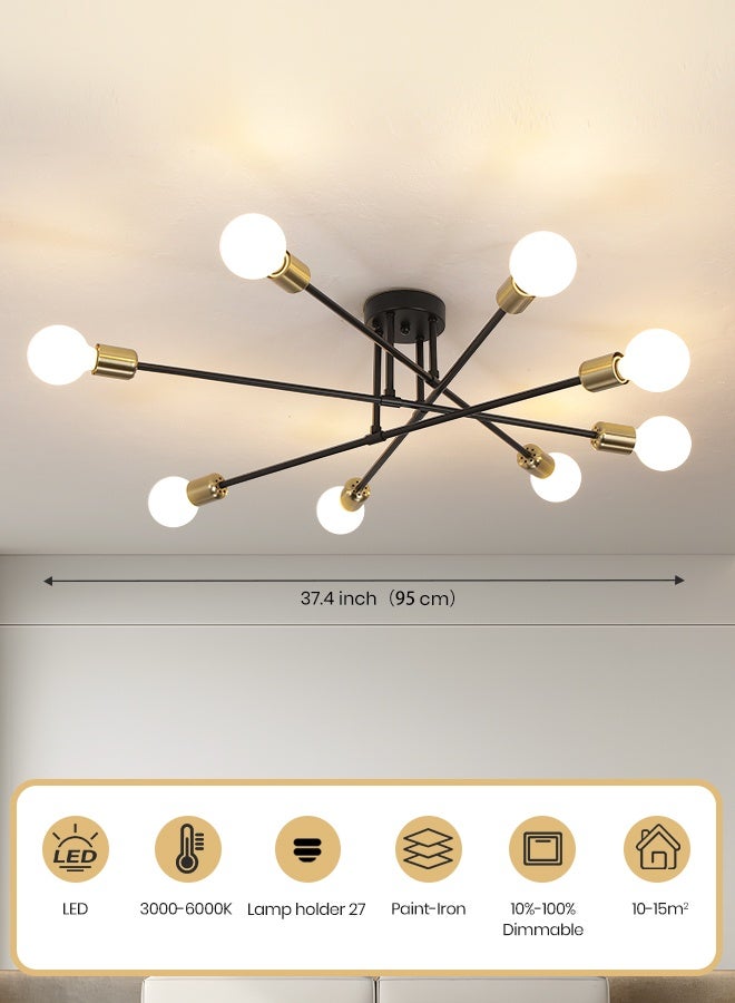 YATAI LIGHTING Modern Sputnik Ceiling Light, 95cm Black & Gold Semi-Flush Mount with Bulbs Included, 3-Color Dimming (3000K-6000K) for Bedroom, Dining Room & Living Room - Image 2