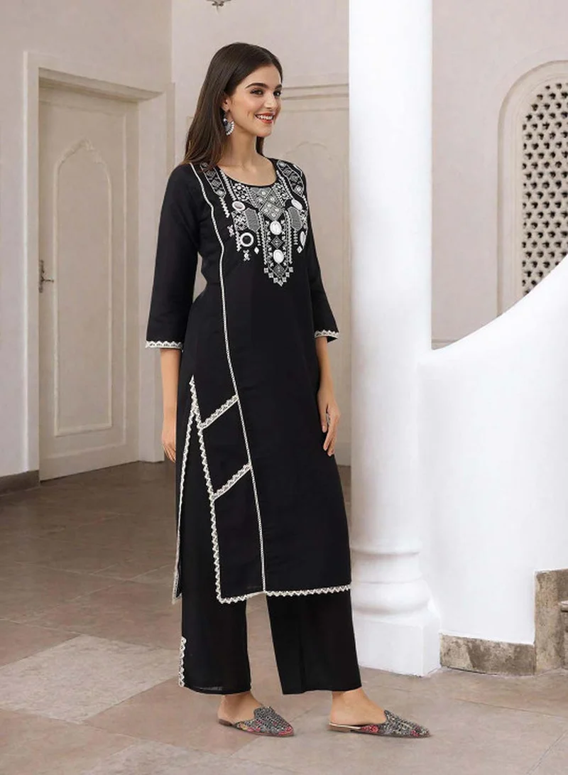 ISHIN Women's Black Roman Silk Embroidered Tunic Upper With Full Palazzo Regular Fit 2 Piece Kurta Set