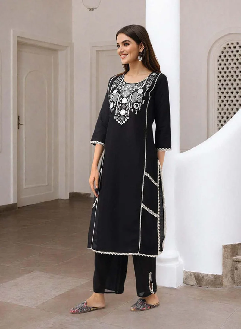 ISHIN Women's Black Roman Silk Embroidered Tunic Upper With Full Palazzo Regular Fit 2 Piece Kurta Set