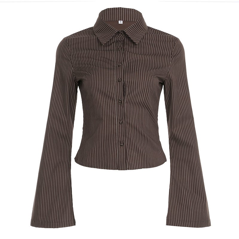 American-style Commuter Bag Buckle POLO Collar Horn Sleeve Striped Shirt Urban Royal Sister Tight Waist Slimming All-match Long Sleeve Brown