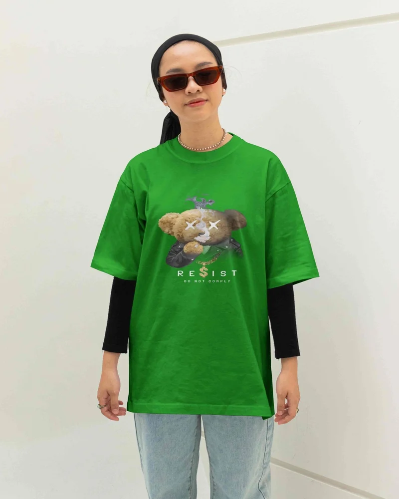 DogFish Unisex Navy Blue Teddy Printed Oversize T-Shirt