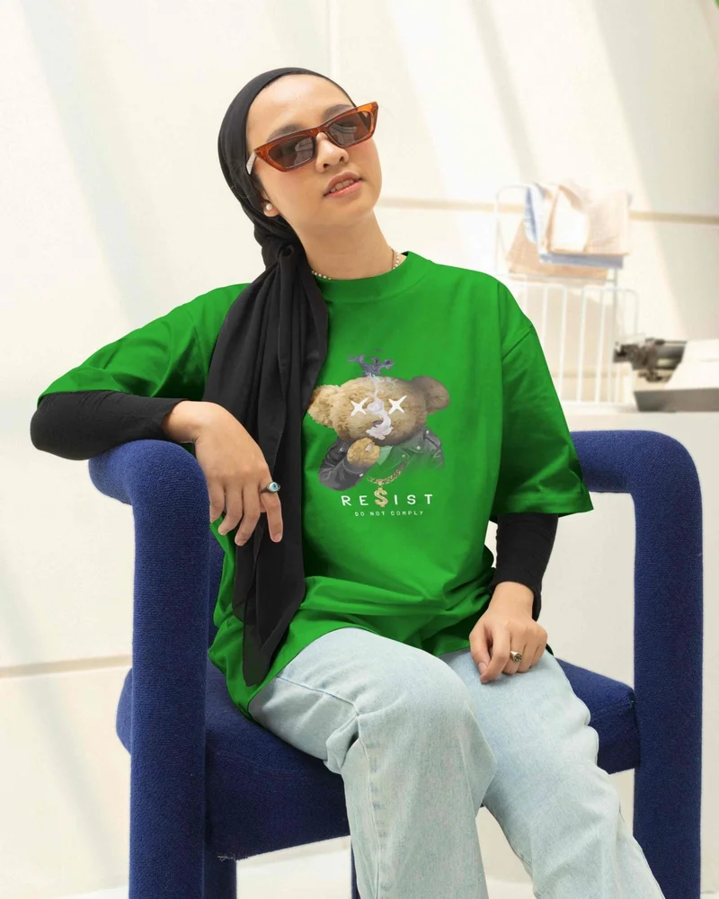DogFish Unisex Navy Blue Teddy Printed Oversize T-Shirt
