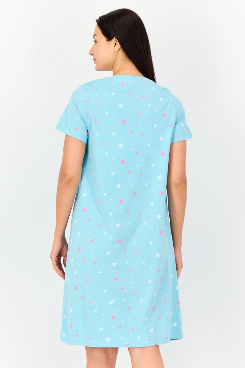 zivame Women Star Print Sleepwear Dress, Turquoise - Image 4