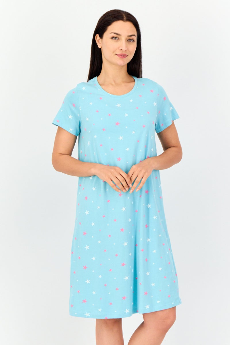 zivame Women Star Print Sleepwear Dress, Turquoise - Image 1