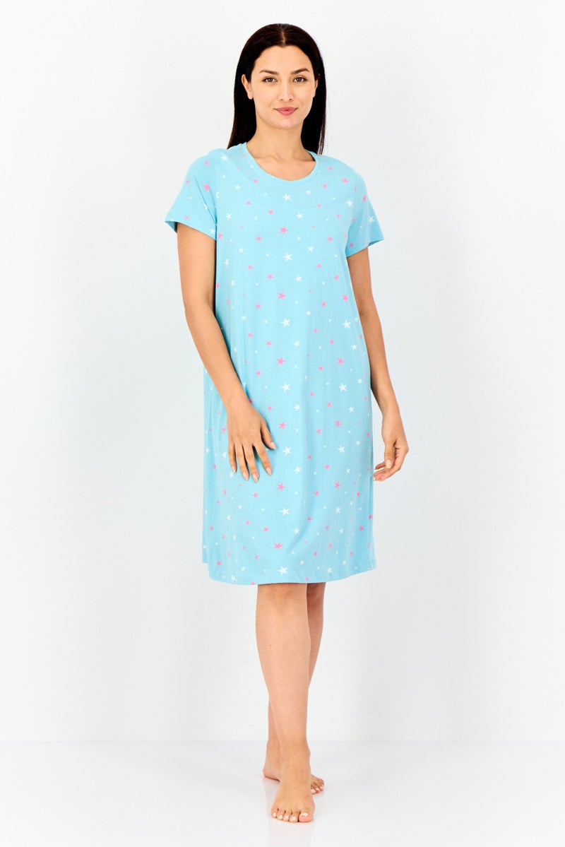 zivame Women Star Print Sleepwear Dress, Turquoise - Image 2