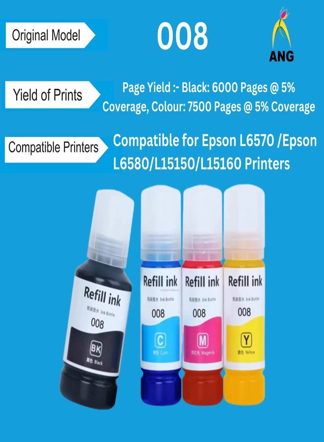 ANG Refill 008 for epssonn L6460/L6490/L6550/L6570/L6580/L11160/L15150/L15160 Printer Black + Tri Color Combo Pack Ink Bottle - Image 2