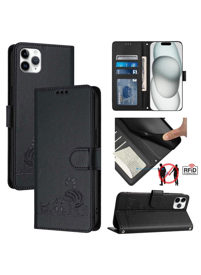 Zaboon Case For iPhone 11 Pro Max Cat Rat Embossed Pattern RFID Leather Phone Case with Lanyard - Image 1