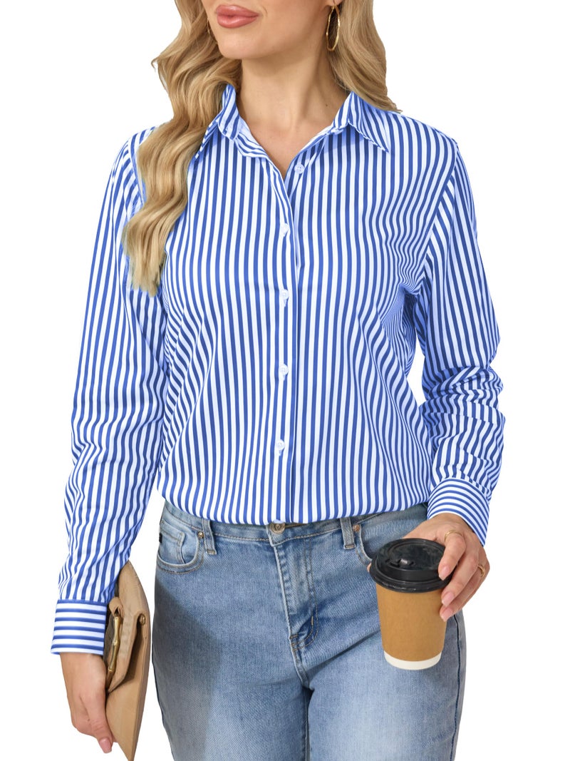 COUXILY Striped Button Down Shirts Business Casual Outfits for Women Dress Long Sleeve Silk Shirt Formal Blouses Collared Office Work Dressy Up Tops Blouse Wrinkle Free Blue and White Size L - Image 2