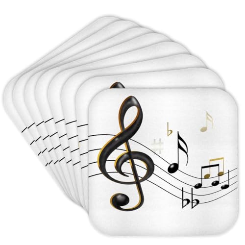 3dRose CST_55502_2 Music Notes Clef Sixteenth Quarter Beamed Flats and Sharps Soft Coasters, Black/Gold, Set of 8 - Image 1